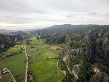 High angle view of trees on landscape against sky