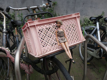 Woman with bicycle in basket
