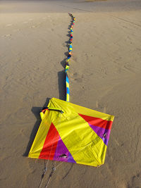 High angle view of multi colored umbrella on beach