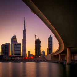 Modern buildings in city at sunset