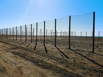 Fence on field against clear sky