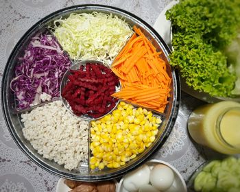 High angle view of chopped vegetables in bowl