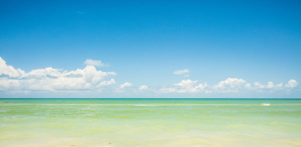 Scenic view of sea against blue sky during sunny day