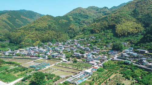 High angle view of buildings in town