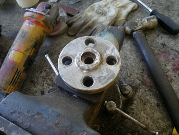 High angle view of rusty machine part