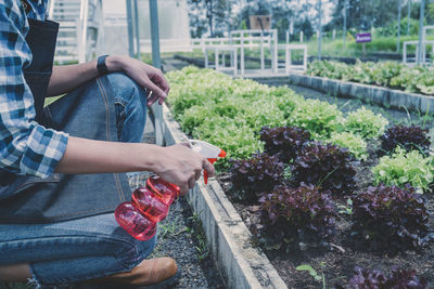 Rear view of man holding hand by flowering plants