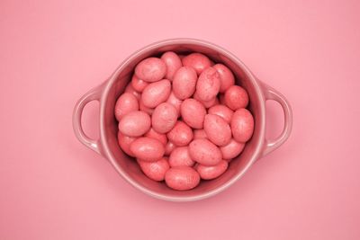 High angle view of raspberries in bowl