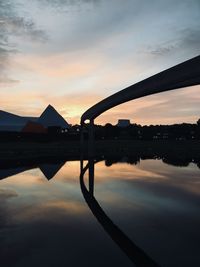 Silhouette bridge over lake against sky during sunset