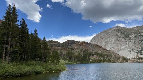 Scenic view of lake by trees against sky