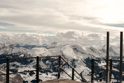 Scenic view of snow covered mountains against sky