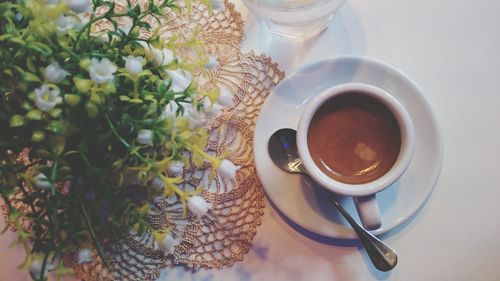 High angle view of breakfast on table