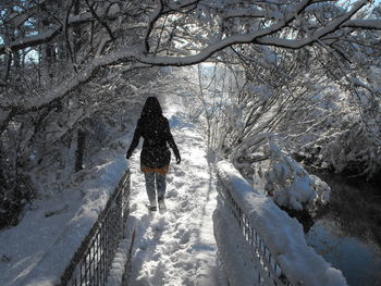 Rear view of woman walking on snow by trees