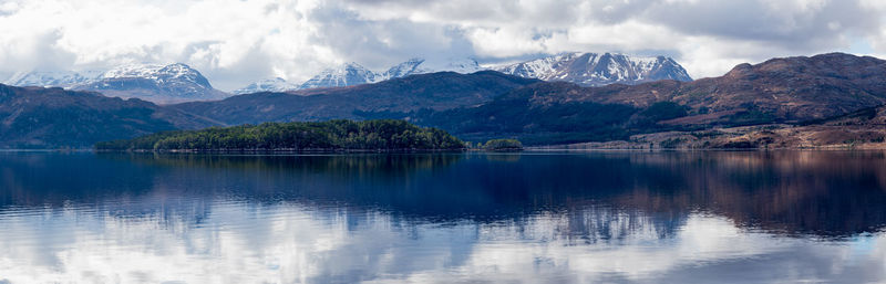 Scenic view of lake and mountains against sky