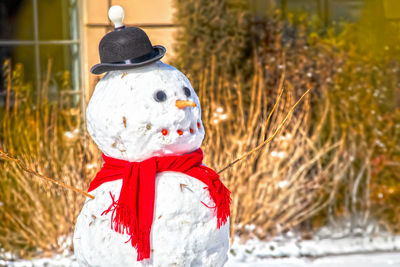 Close-up of christmas decorations on snow