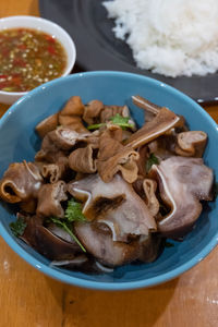 High angle view of food in plate on table