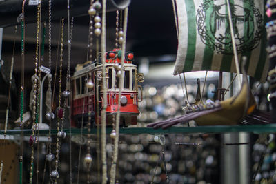 Close-up of toy train on shelf at store