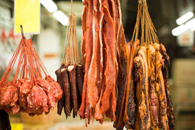 Cured meat on the markets of western hong kong with empty price tag, sheung wan, hong kong, china