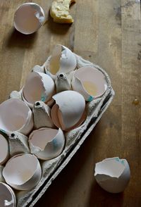 High angle view of eggs in bowl on table