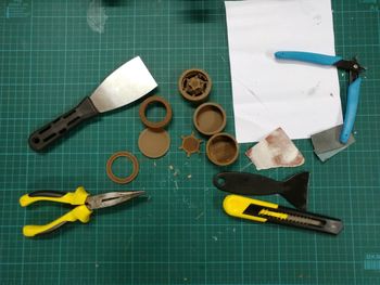 High angle view of tools on table