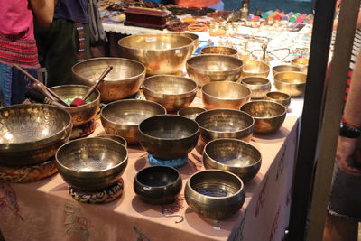 High angle view of people on table at market