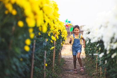 Full length of smiling girl holding pinwheel toy running amidst flowerbed against sky