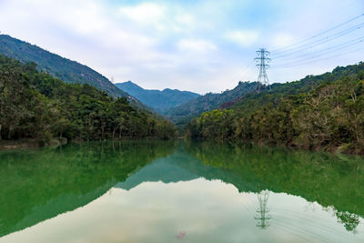 Scenic view of lake and mountains against sky