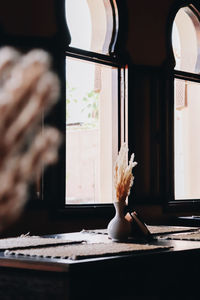 Rear view of woman looking through window