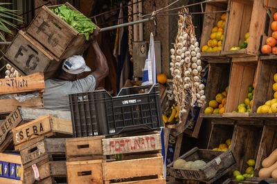 High angle view of fruits for sale at market stall