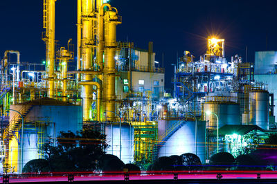 Illuminated factory against sky at night