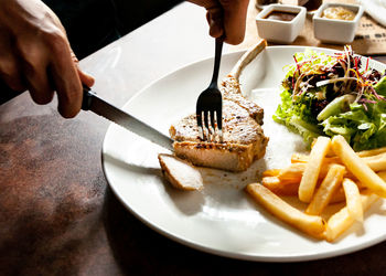 Close-up of meal served on table