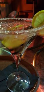 Close-up of beer glass on table