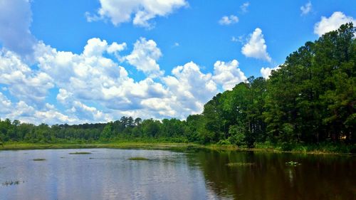 Scenic view of lake against cloudy sky