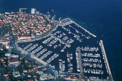 High angle view of illuminated buildings in city