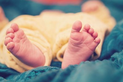 Low section of baby lying on bed