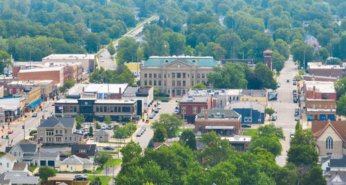 High angle view of houses in town