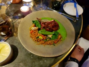 High angle view of food served on table