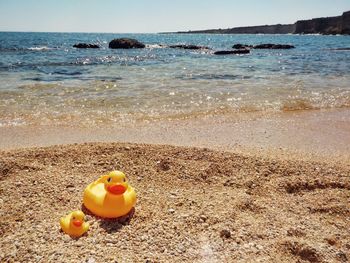 Rubber ducks at sandy beach