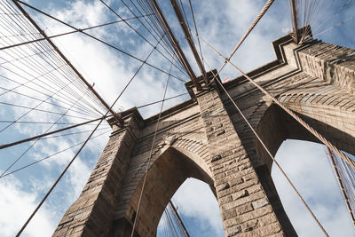 Low angle view of suspension bridge against cloudy sky