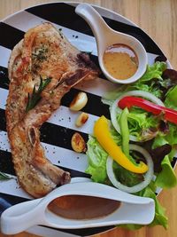 High angle view of food in plate on table