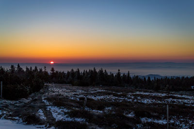 Scenic view of snow covered land during sunset