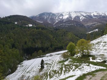 Scenic view of snowcapped mountains against sky