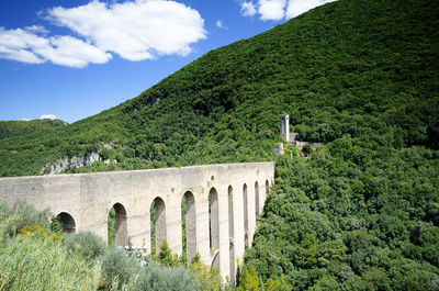 Arch bridge on green landscape against sky