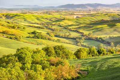 Idyllic landscape view of rolling fields and valleys of tuscany