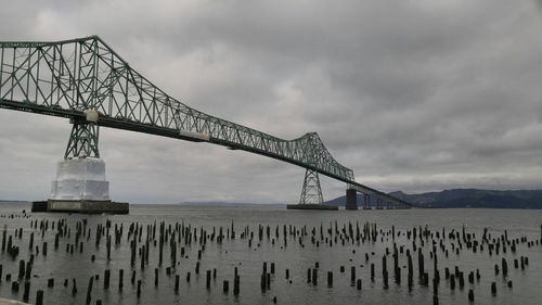 View of suspension bridge against cloudy sky