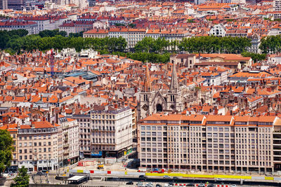High angle view of buildings in city
