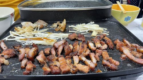 Close-up of seafood on barbecue grill