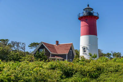 Low angle view of lighthouse against clear blue sky