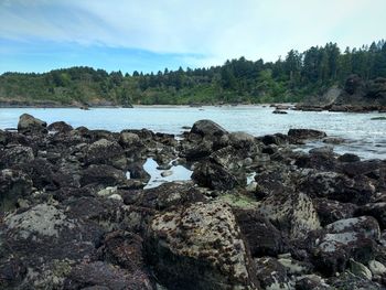 Rocks by river against sky