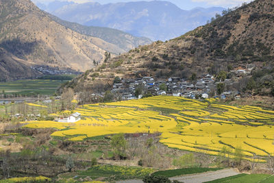 High angle view of terraced field against mountains