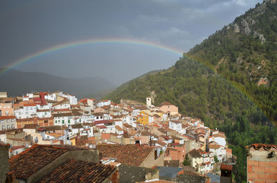 Aerial view of rainbow over town